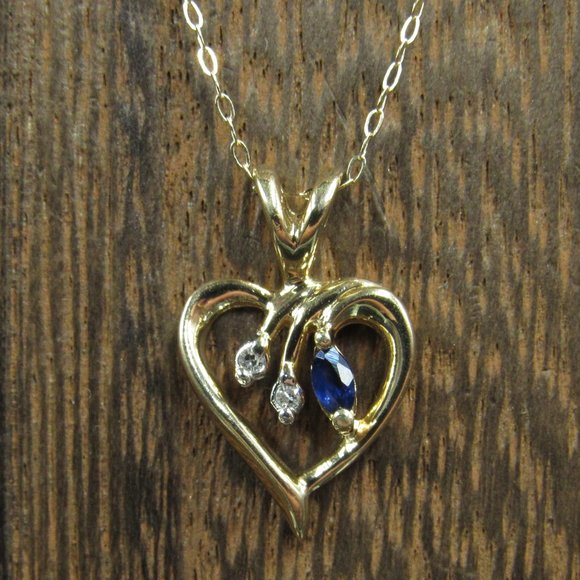 16" 10K Gold White & Blue Topaz Heart Necklace